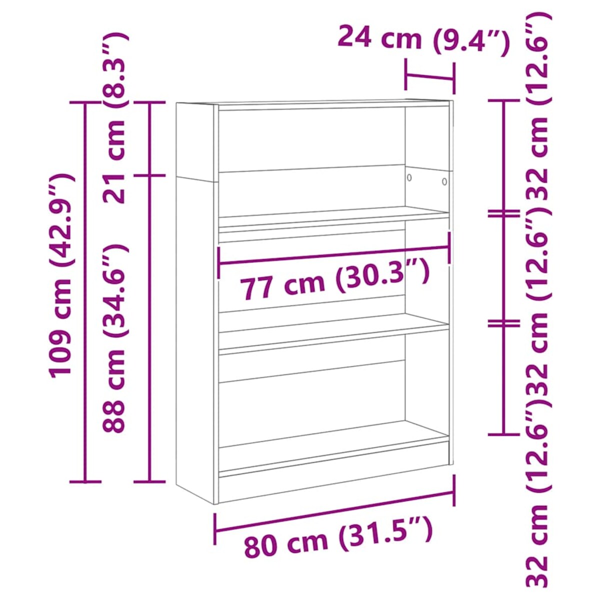 vidaXL Regał, biały, 80x24x109 cm, materiał drewnopochodny