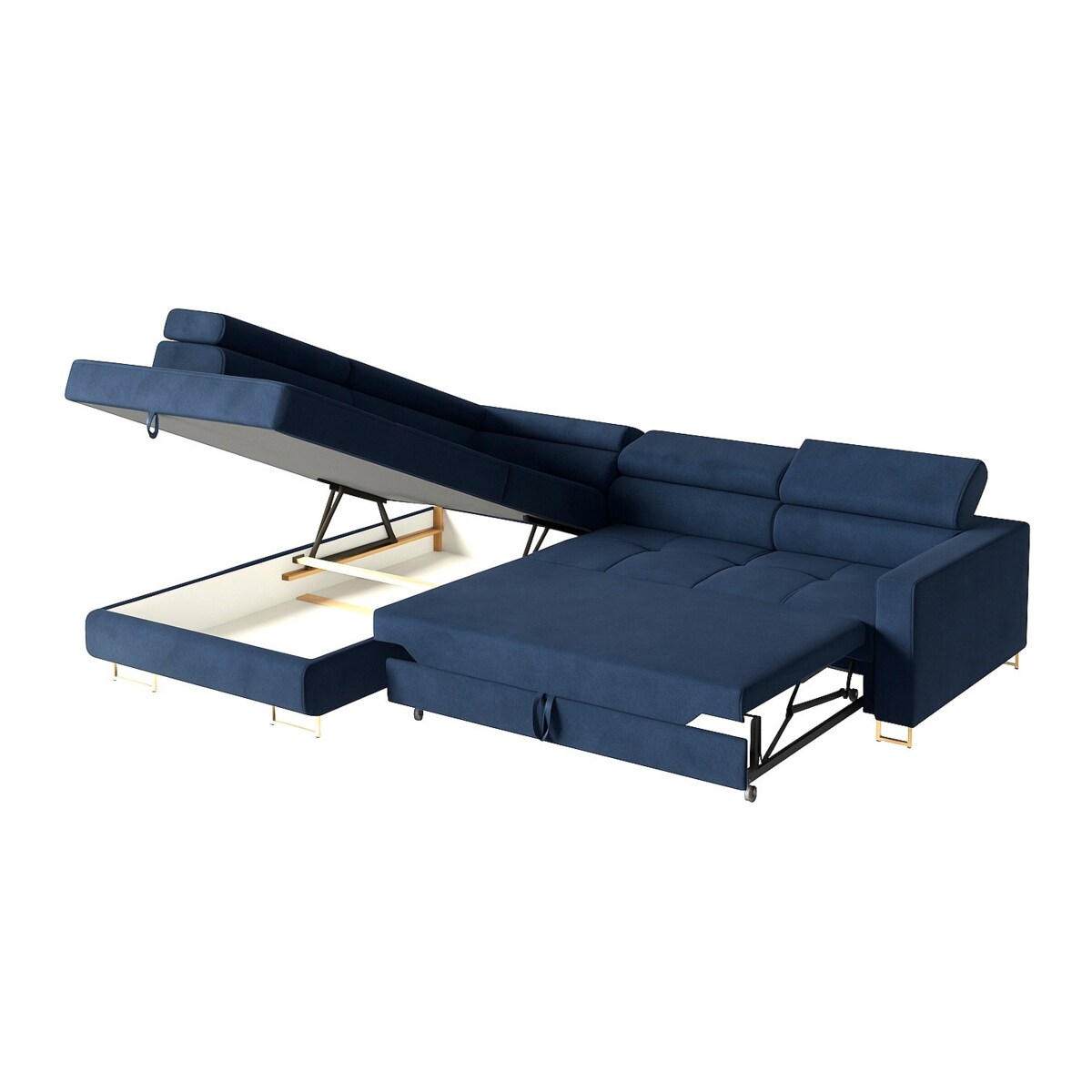 Narożnik rozkładany MERY z regulowanymi zagłówkami na złotych nóżkach lewy