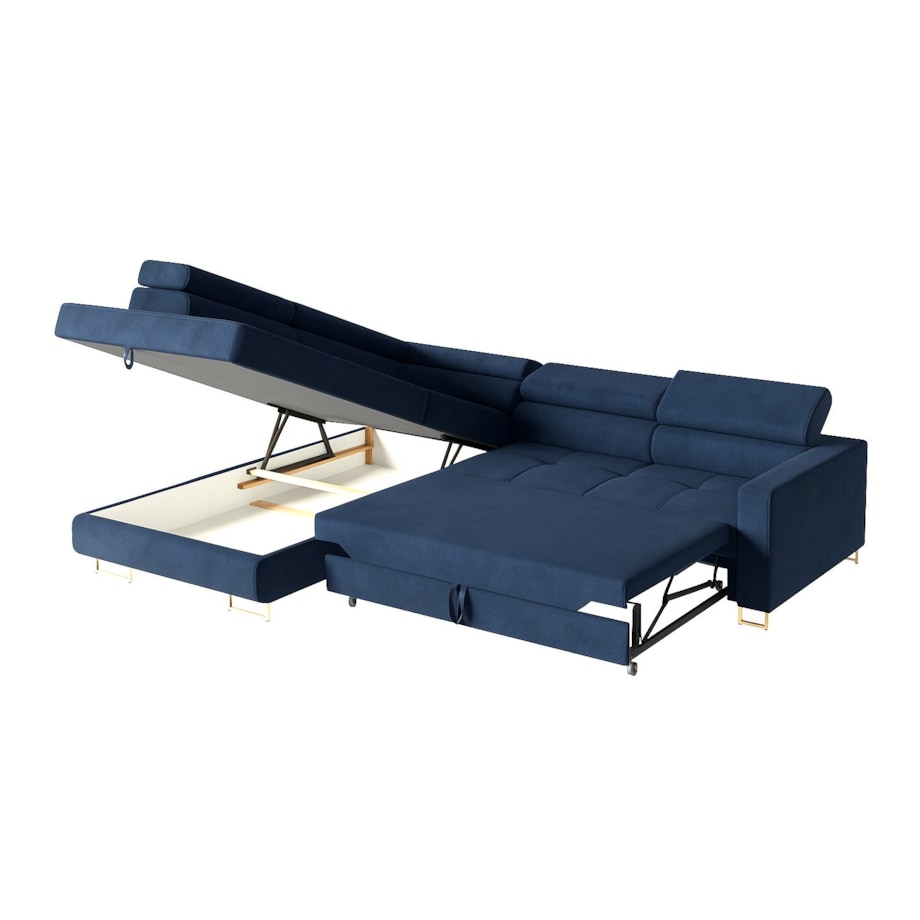 Narożnik rozkładany MERY z regulowanymi zagłówkami na złotych nóżkach lewy