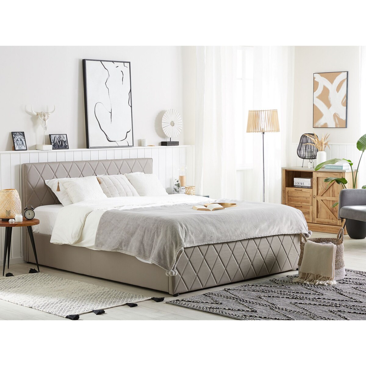 Łóżko z pojemnikiem ekoskóra 180 x 200 cm beżowoszare ROCHEFORT