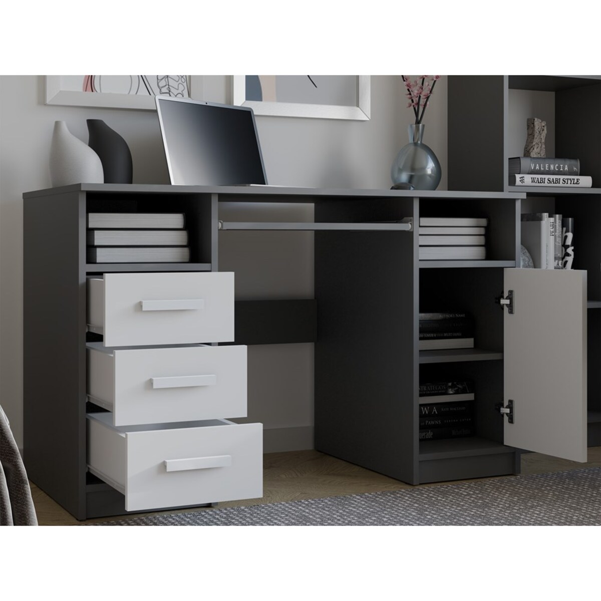 BIURKO DELTA ANTRACYT / BIAŁY 120 Cm 3 Szuflady Szafka Półki Do Biura Pokoju Na Laptop