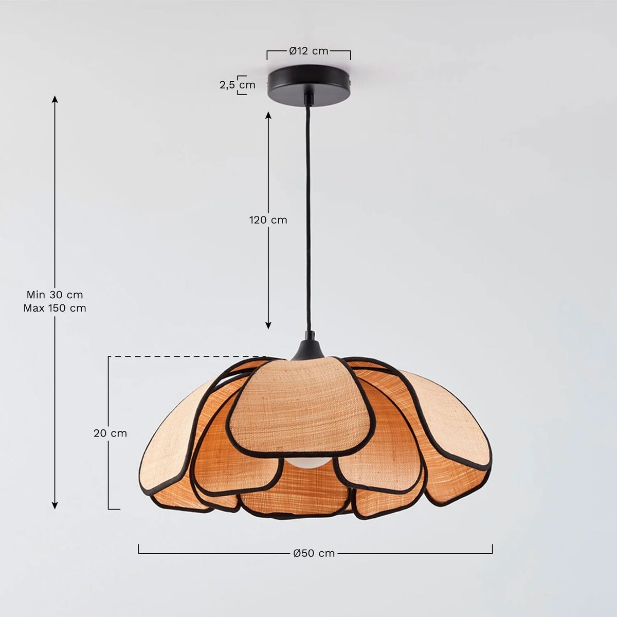 Lampa wisząca z rafi i bawełny, beżowo-czarna, Vidson Ø50 cm