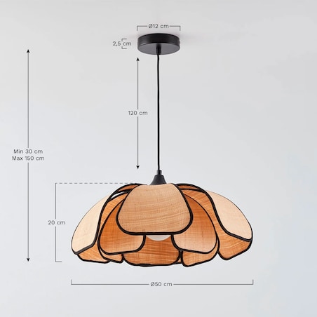 Lampa wisząca z rafi i bawełny, beżowo-czarna, Vidson Ø50 cm