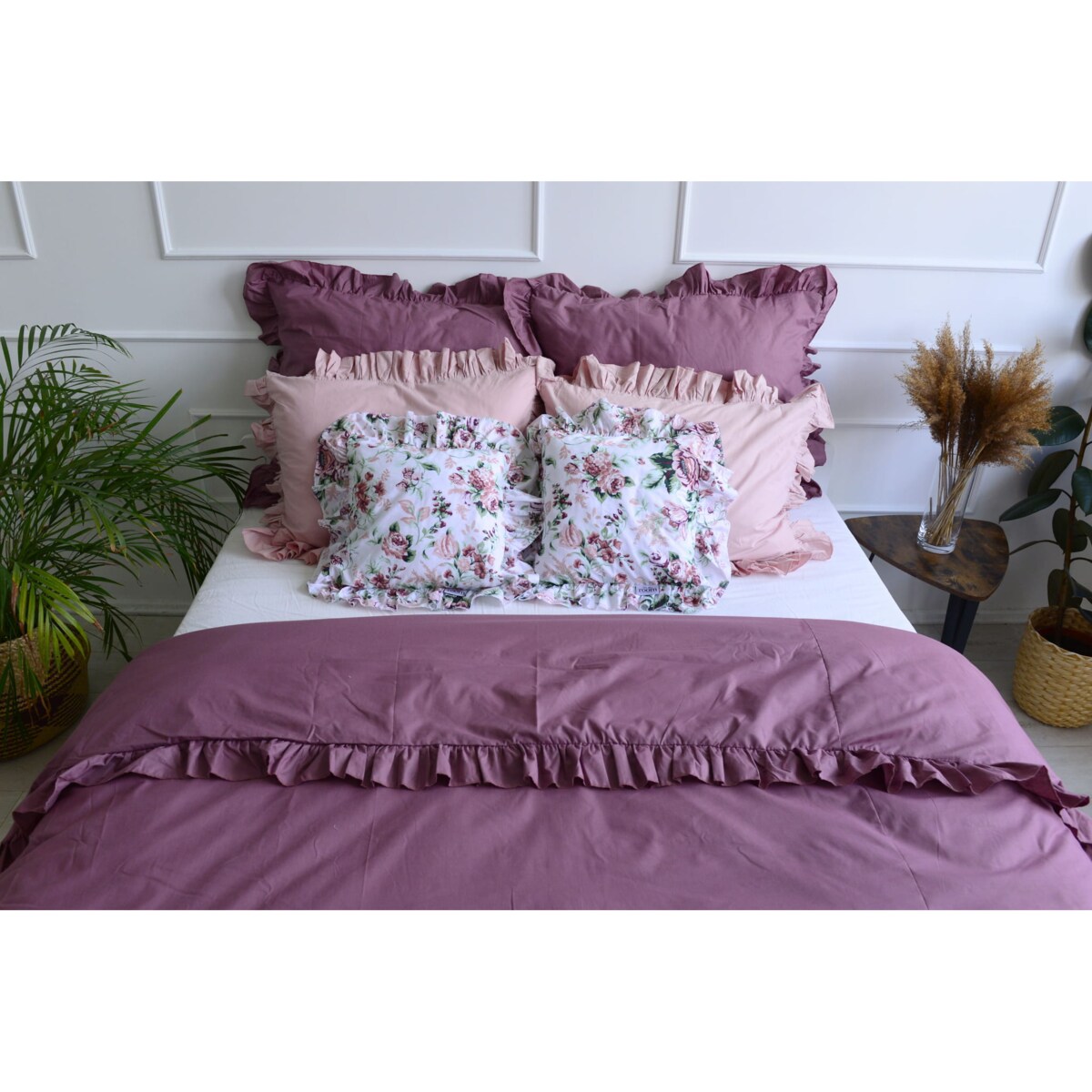 Pościel Bawełniana Z Falbanką Zestaw Komplet Do Sypialni Kołdra + 6 Poduszek 180X200 Brudny Róż Kwiaty