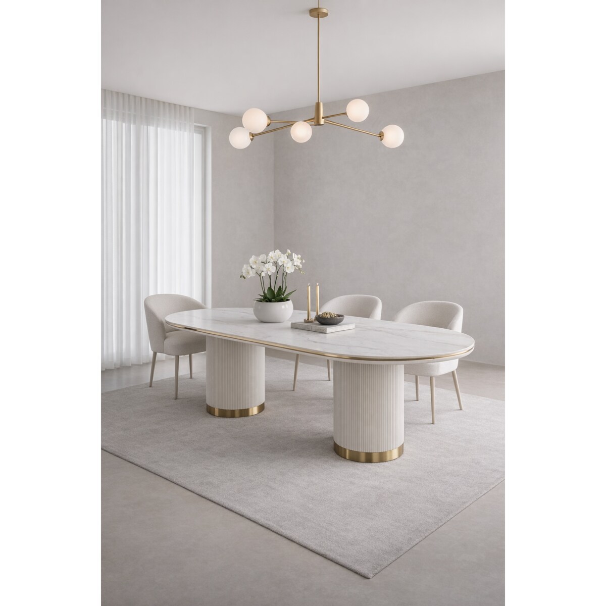 Stół owalny glamour marmur 180x90 ryflowane nogi do jadalni Luna Ecru