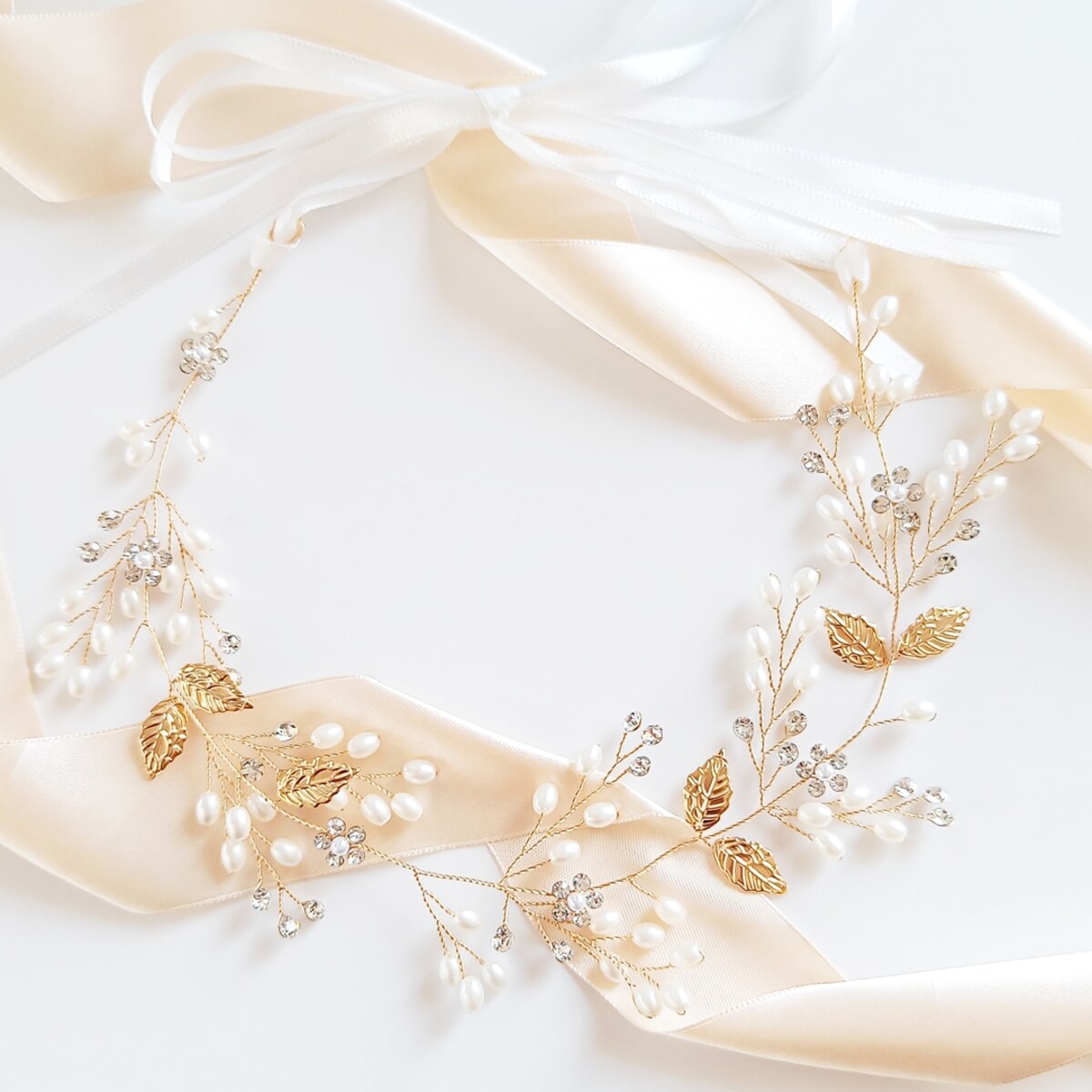 ZŁOTY wianek perły cyrkonie listki KOMUNIA ślub ozdoba do włosów na wesele