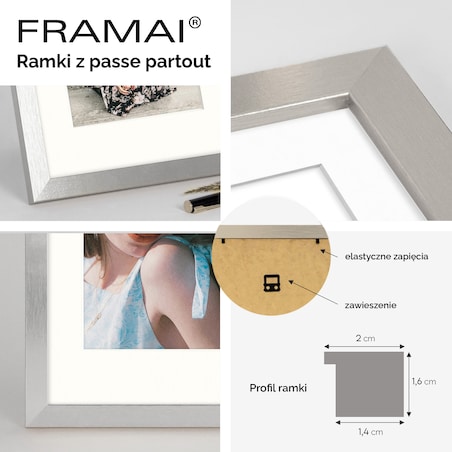 Ramka na zdjęcia z passe partout ramka 70x100 cm z okienkiem passe partout na zdjęcie 50x70 cm kolor srebrny FRAMAI®