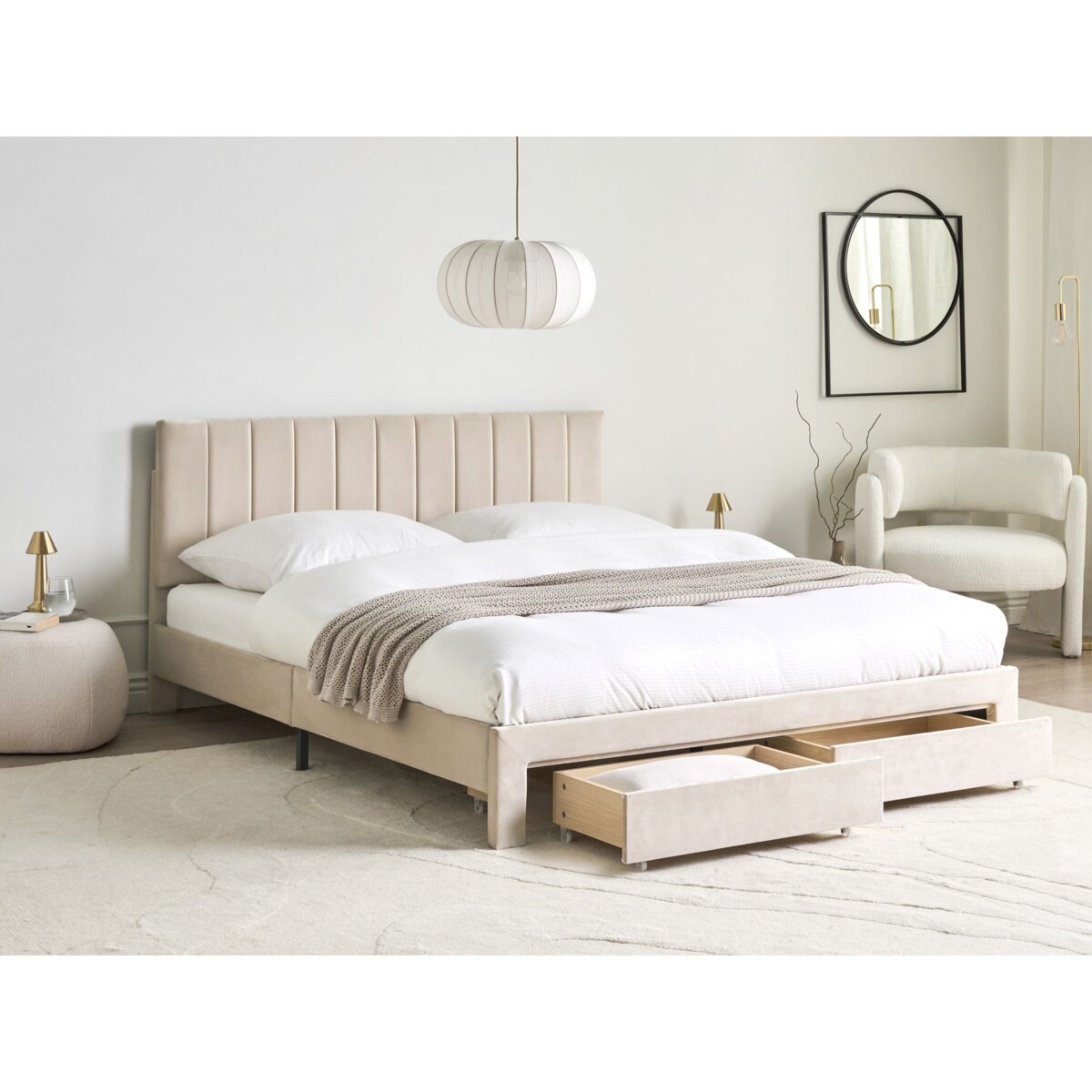Łóżko z szufladami Welur LONZAC 160 x 200 cm Beżowy