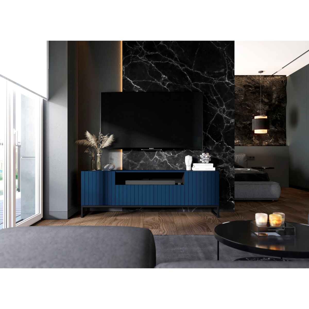 Szafka RTV Glamour Granatowy Mat Komoda RTV Loft Industrialna 150 cm Metalowa Rama