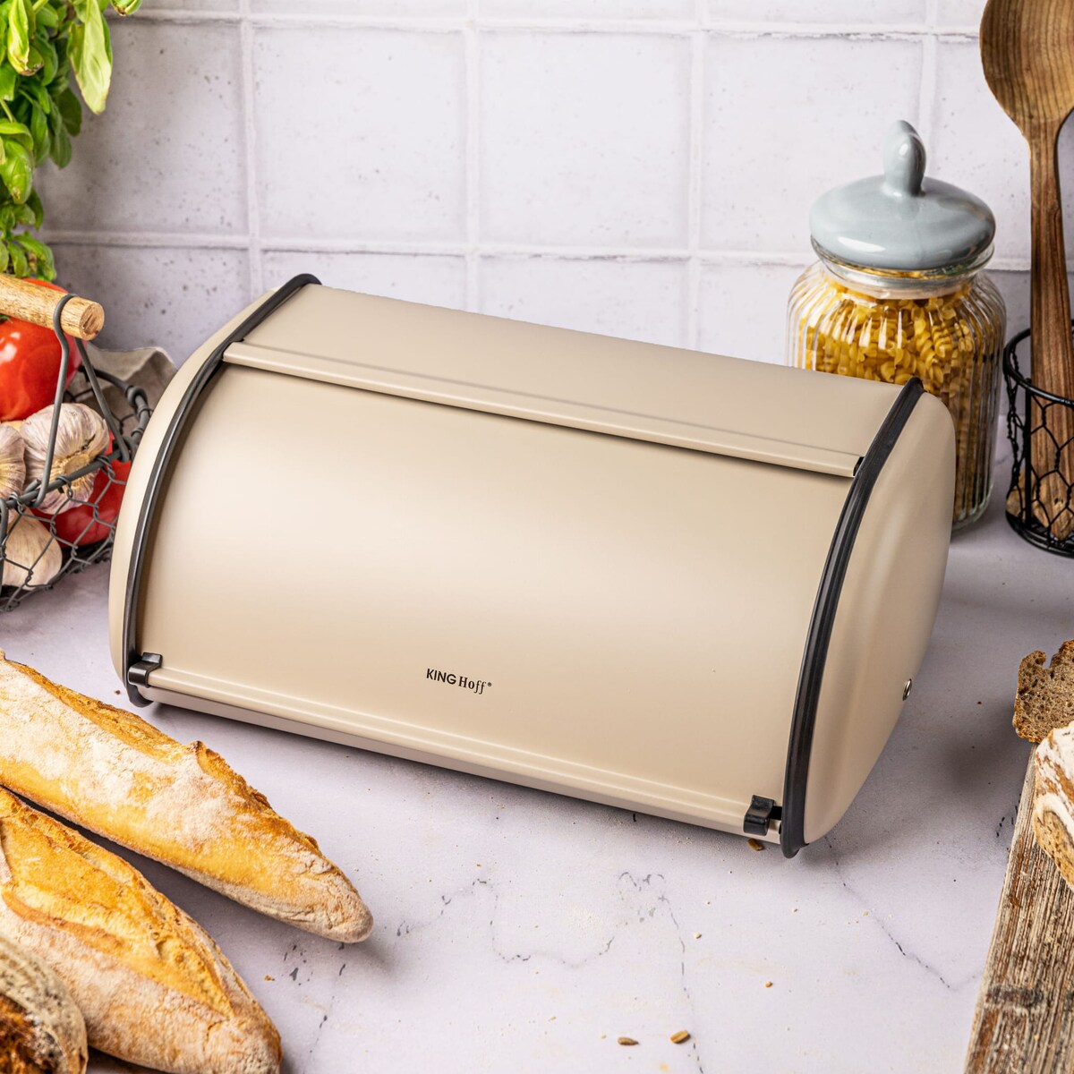 Chlebak stalowy duży 44cm beżowy matowy pojemnik na chleb pieczywo bułki KINGHOFF