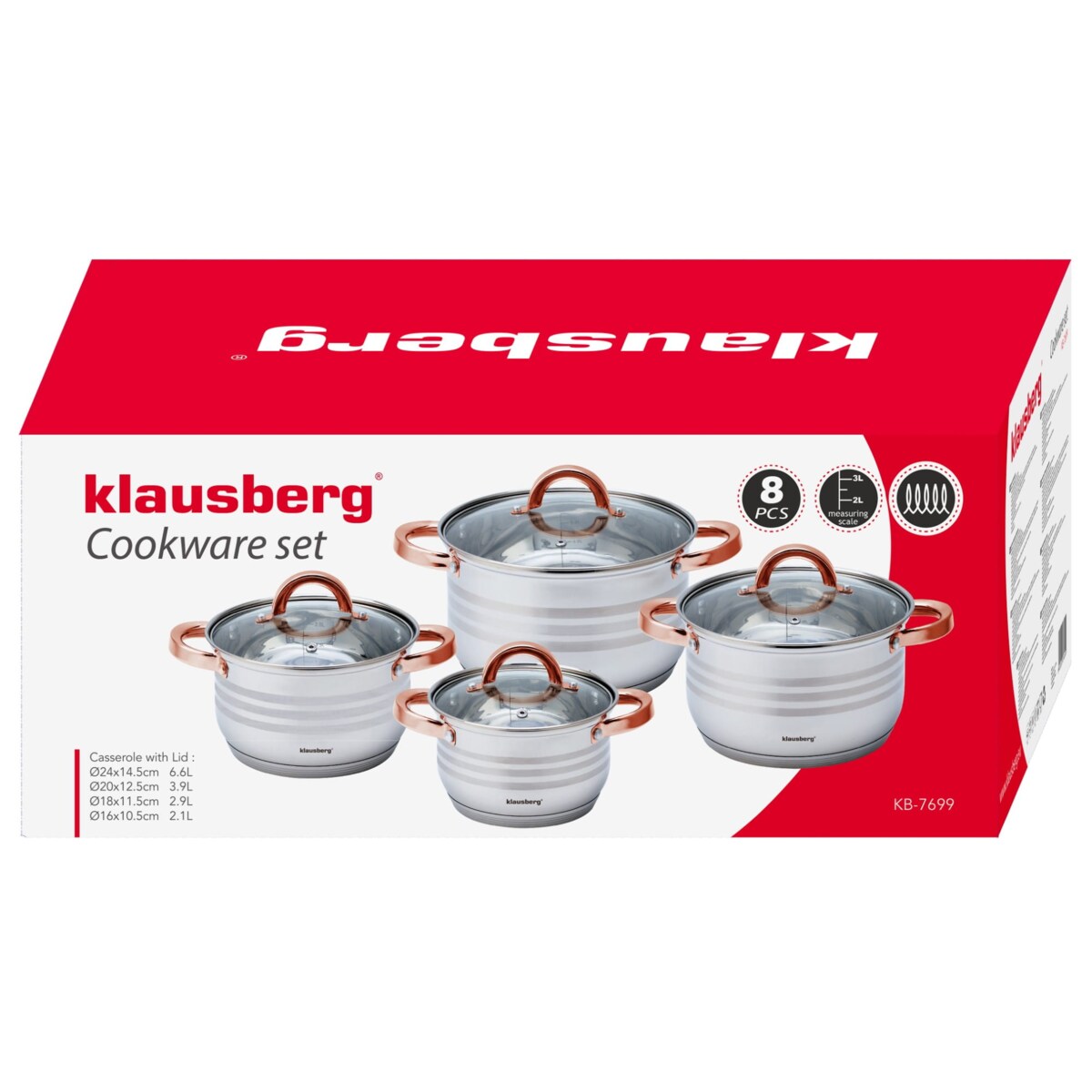 Zestaw garnków stalowych 8 ele. 2.1/2.9/3.9/6.6L KLAUSBERG