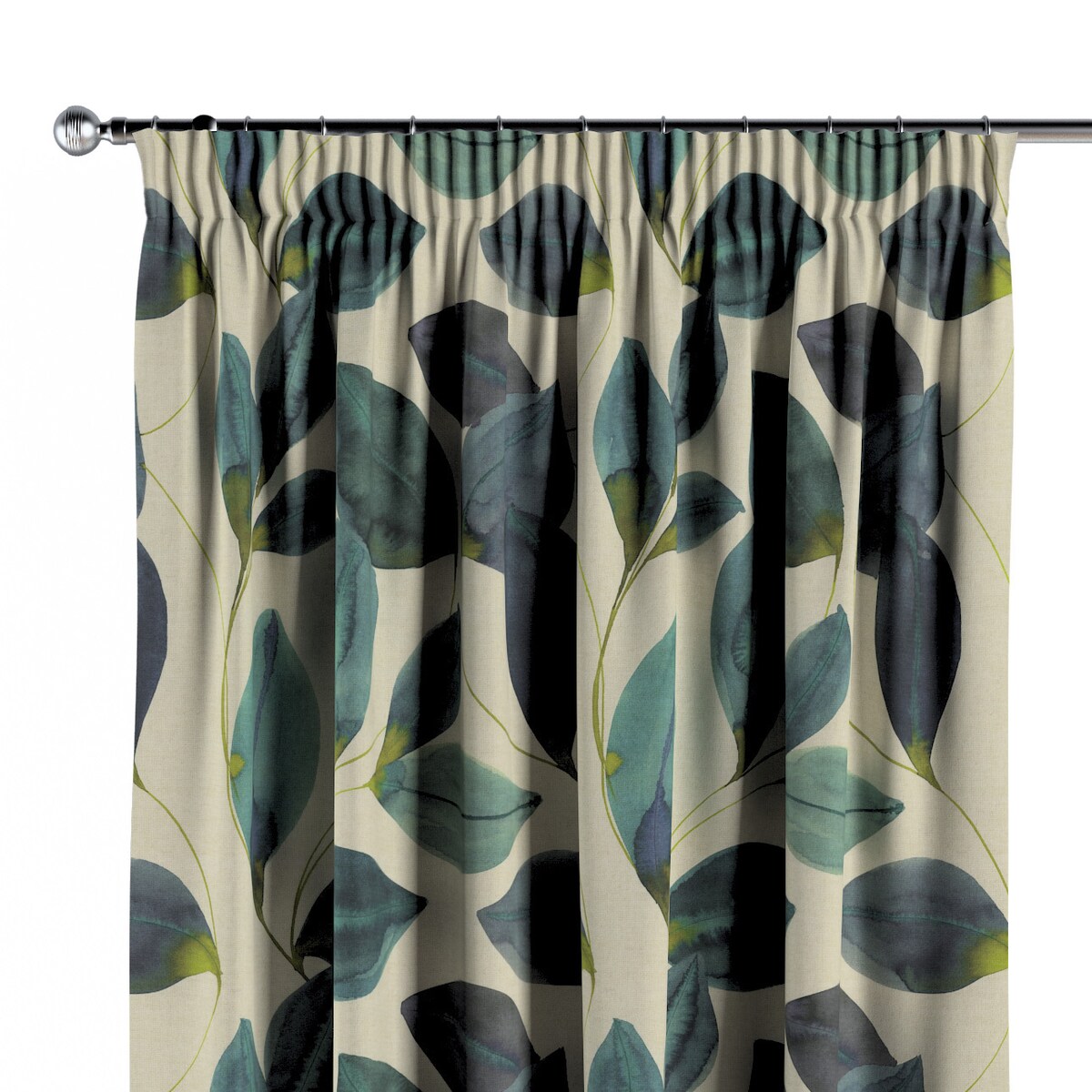 Zasłona na taśmie marszczącej 1 szt. 130x245 liście w kolorze szmaragdowej zieleni z fioletem na lnianym tle