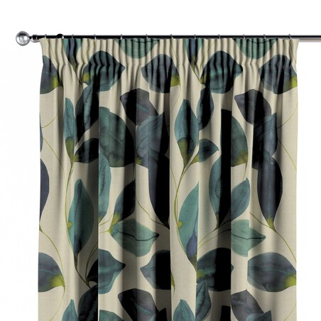 Zasłona na taśmie marszczącej 1 szt. 130x245 liście w kolorze szmaragdowej zieleni z fioletem na lnianym tle