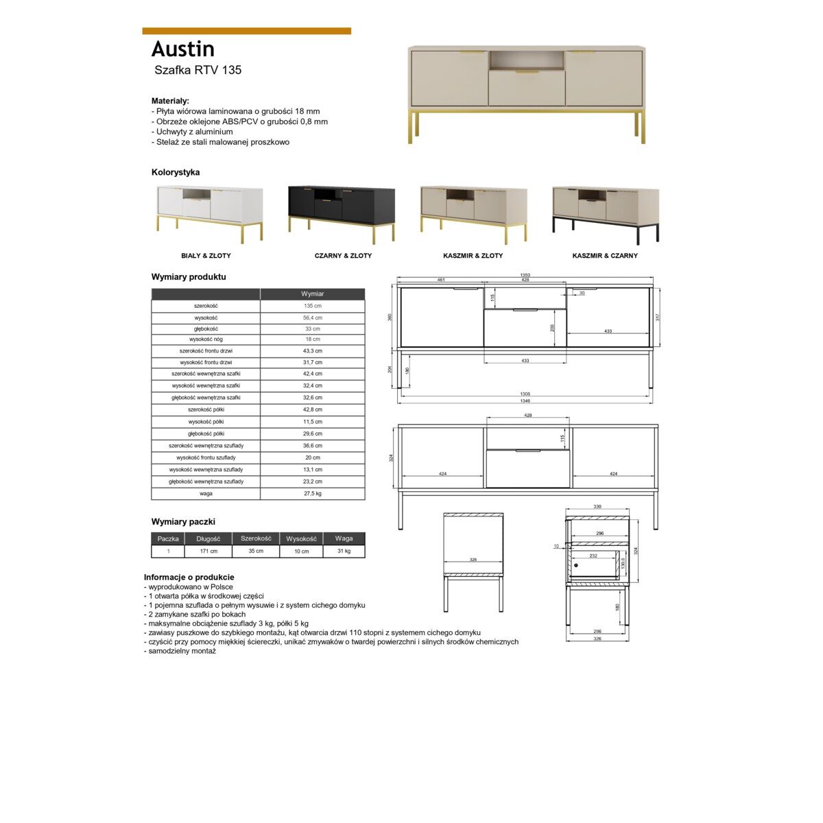 Szafka RTV Austin 135 kaszmir & złota