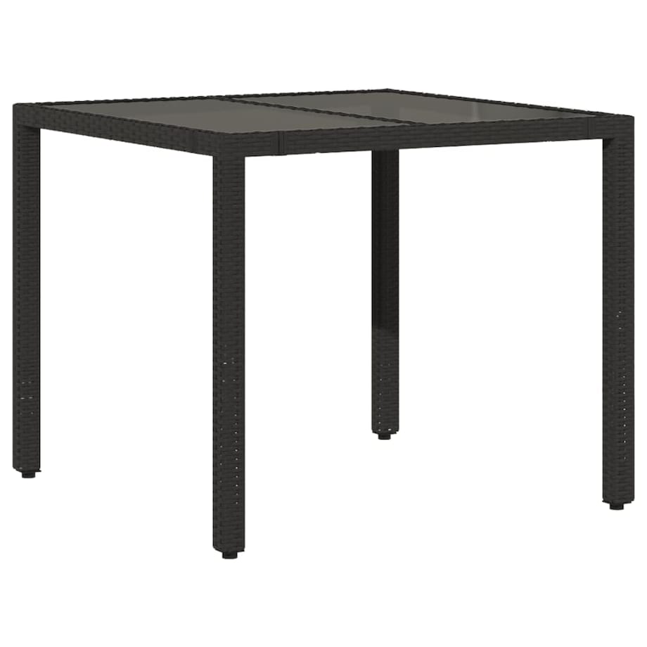 vidaXL Stół ogrodowy, szklany blat, czarny, 90x90x75 cm, rattan PE