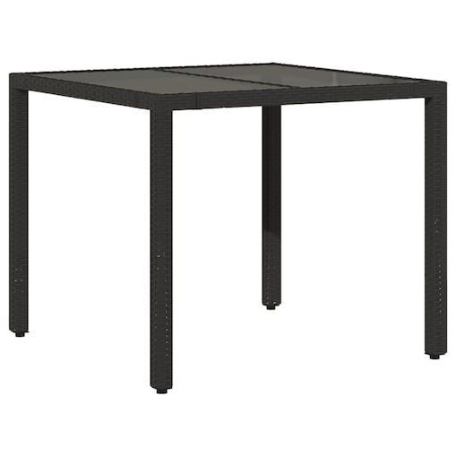 vidaXL Stół ogrodowy, szklany blat, czarny, 90x90x75 cm, rattan PE