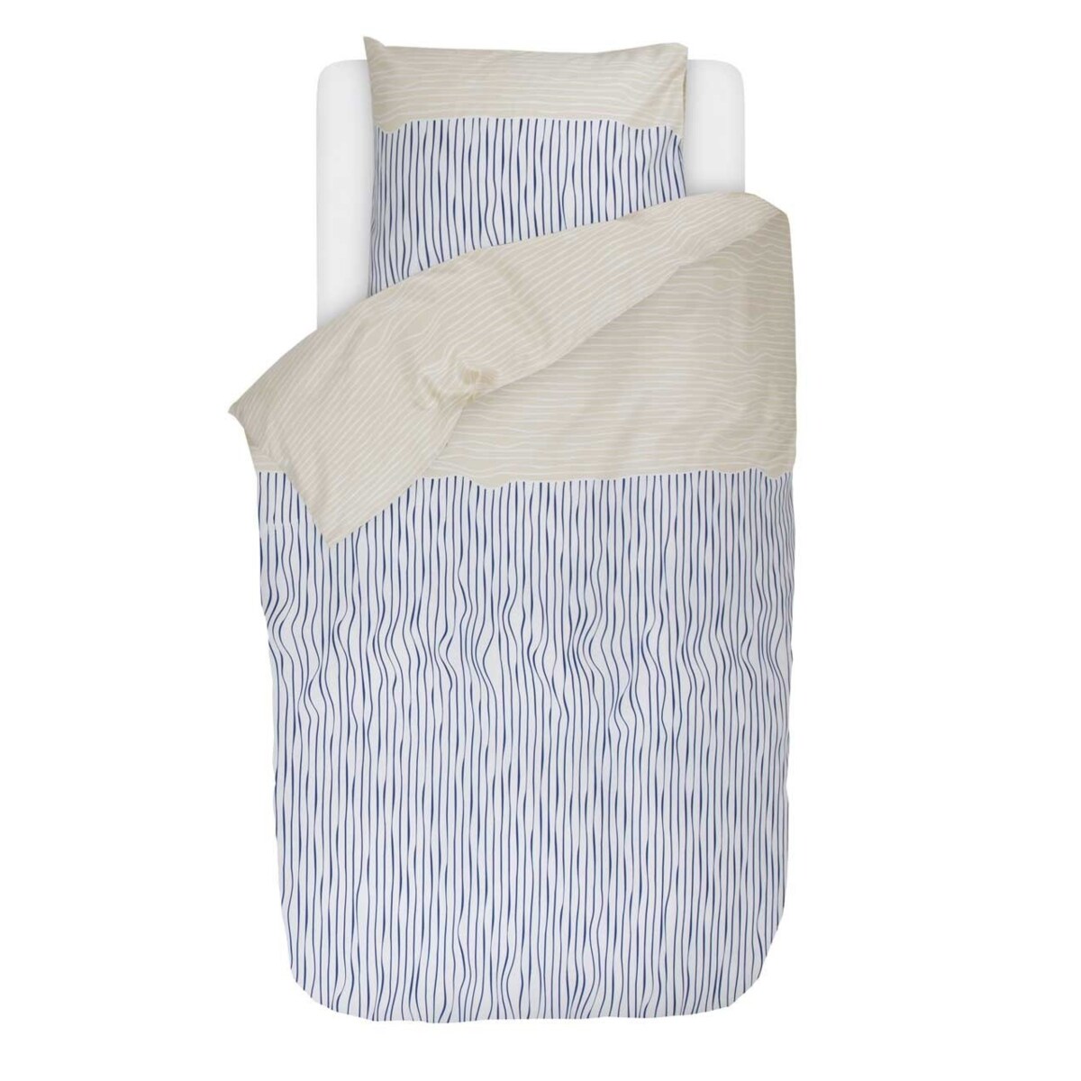 Komplet pościeli z bawełny satynowej we wzory w kolorze niebieskim i beżowym, poszewka ozdobna, pościel w paski, pościel Esprit, 140 x 220 cm