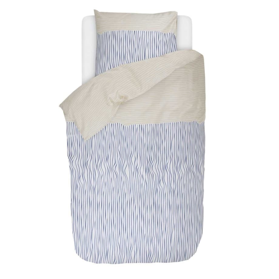 Komplet pościeli z bawełny satynowej we wzory w kolorze niebieskim i beżowym, poszewka ozdobna, pościel w paski, pościel Esprit, 140 x 220 cm