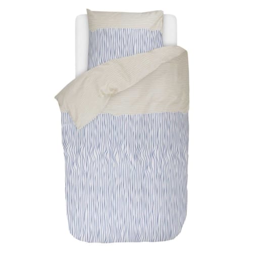 Komplet pościeli z bawełny satynowej we wzory w kolorze niebieskim i beżowym, poszewka ozdobna, pościel w paski, pościel Esprit, 140 x 220 cm
