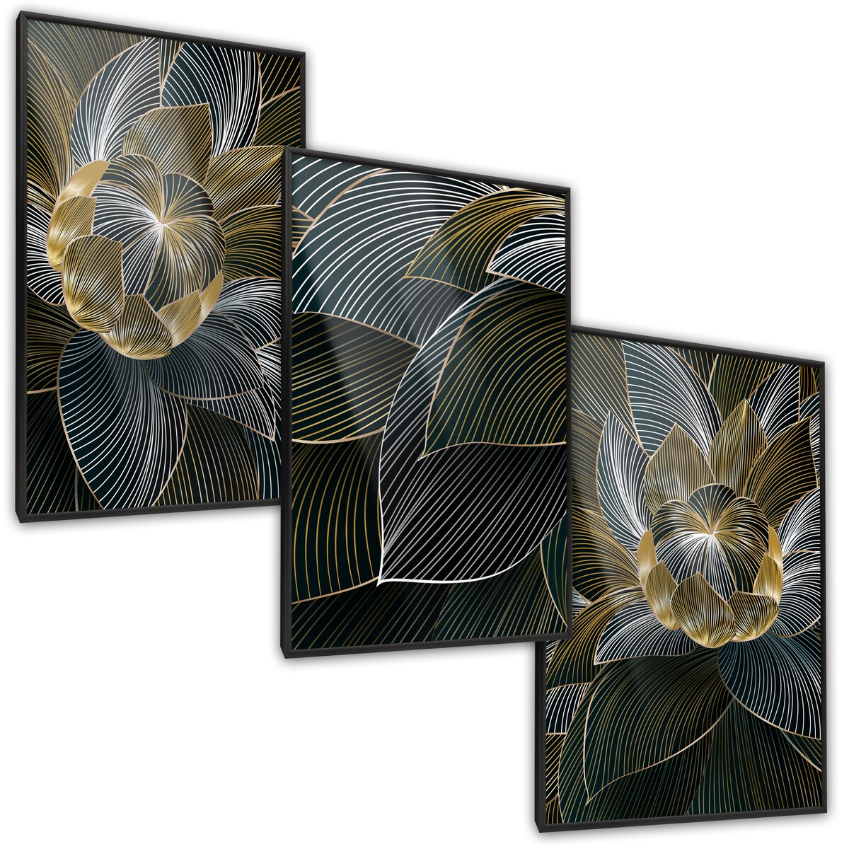ZESTAW 3X PLAKAT W RAMIE ABSTRAKCJA KWIATY LOTOSU STYL GLAMOUR NATURA 60x80cm