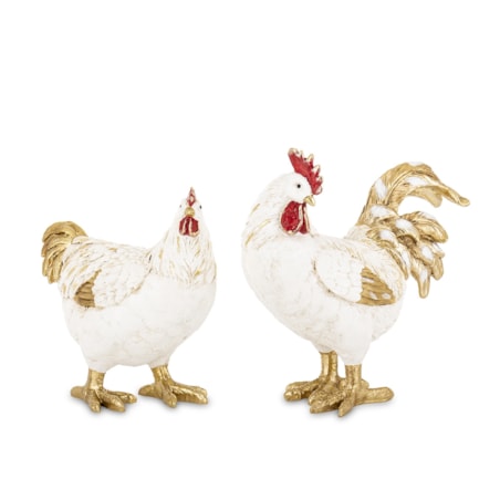 Dekoracja - kolorowa KOGUT i KURA 26x20x10,5 i 22x20x10 cm PLOMFEE biało-złota para