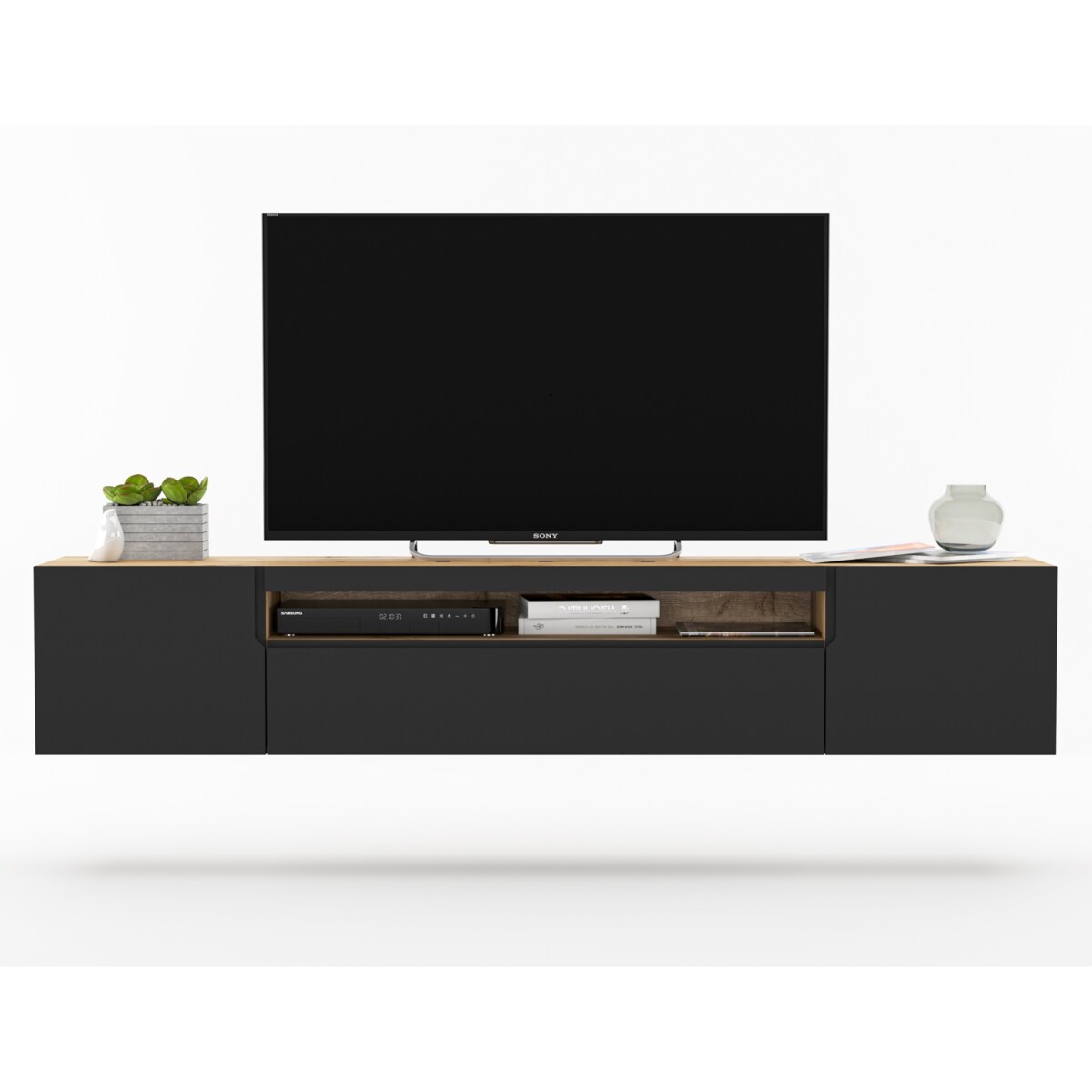 Wisząca Szafka RTV Komoda RTV Loft Industrialna Dąb Artisan Czarny MAT 200 cm