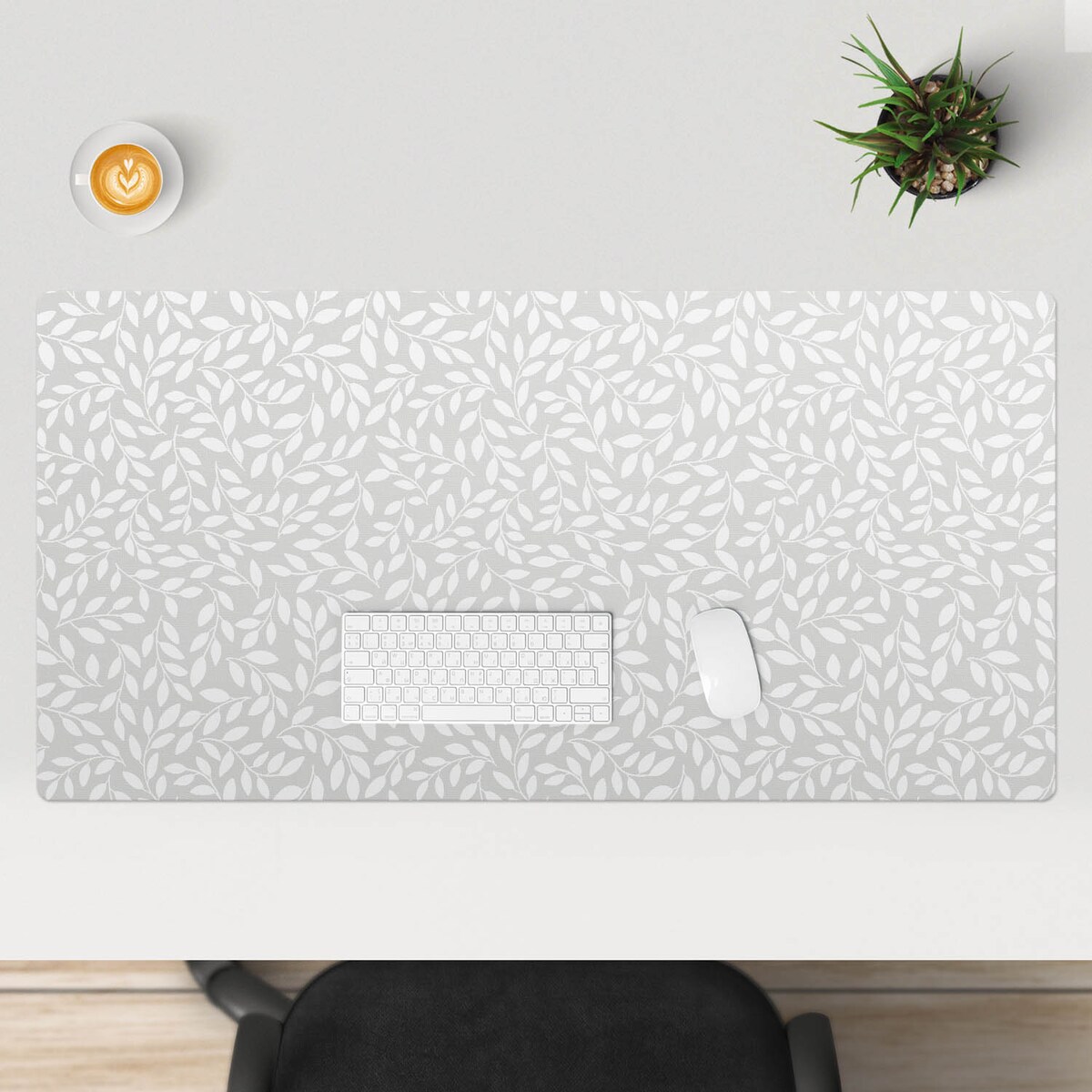 Szara mata na biurko Liściasty wzór, 120x60 cm