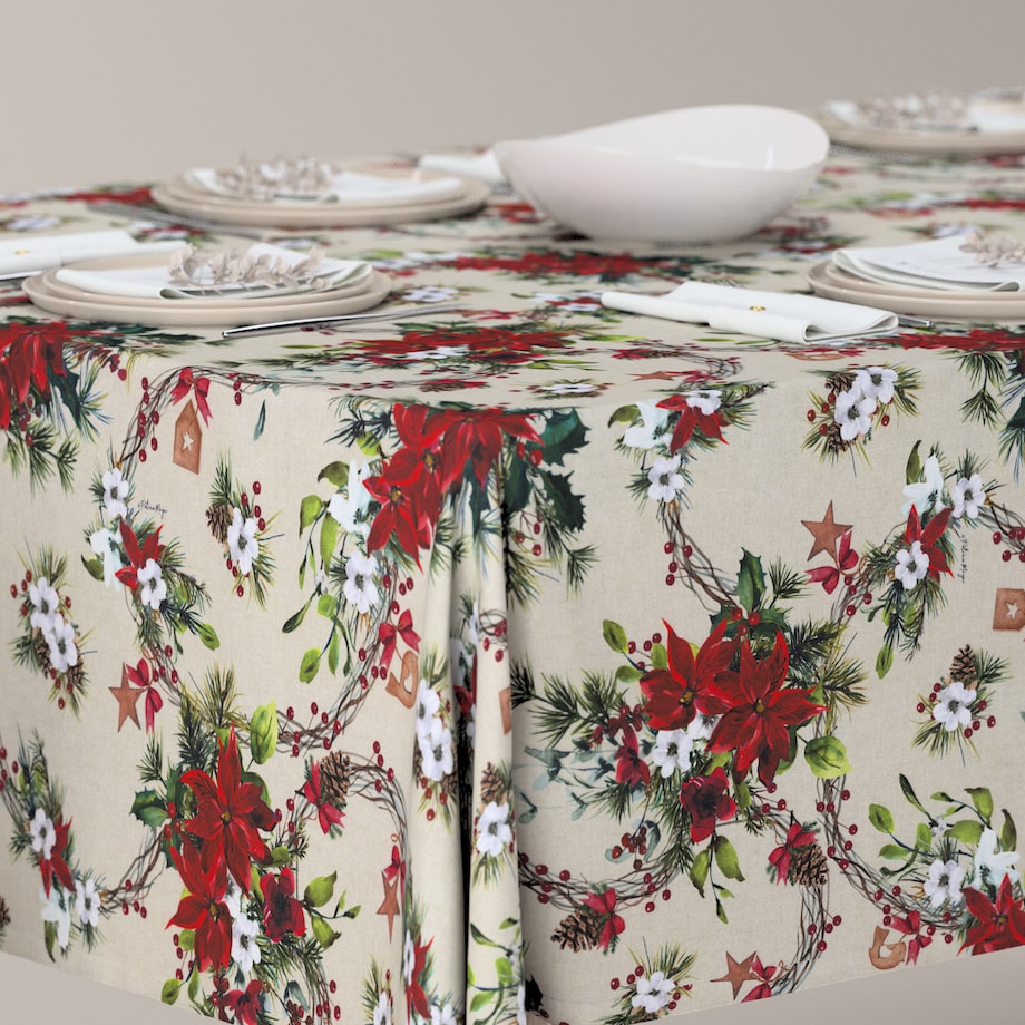 Obrus prostokątny 130 x 130 cm gwiazdy betlejemskie na szaro-beżowym tle