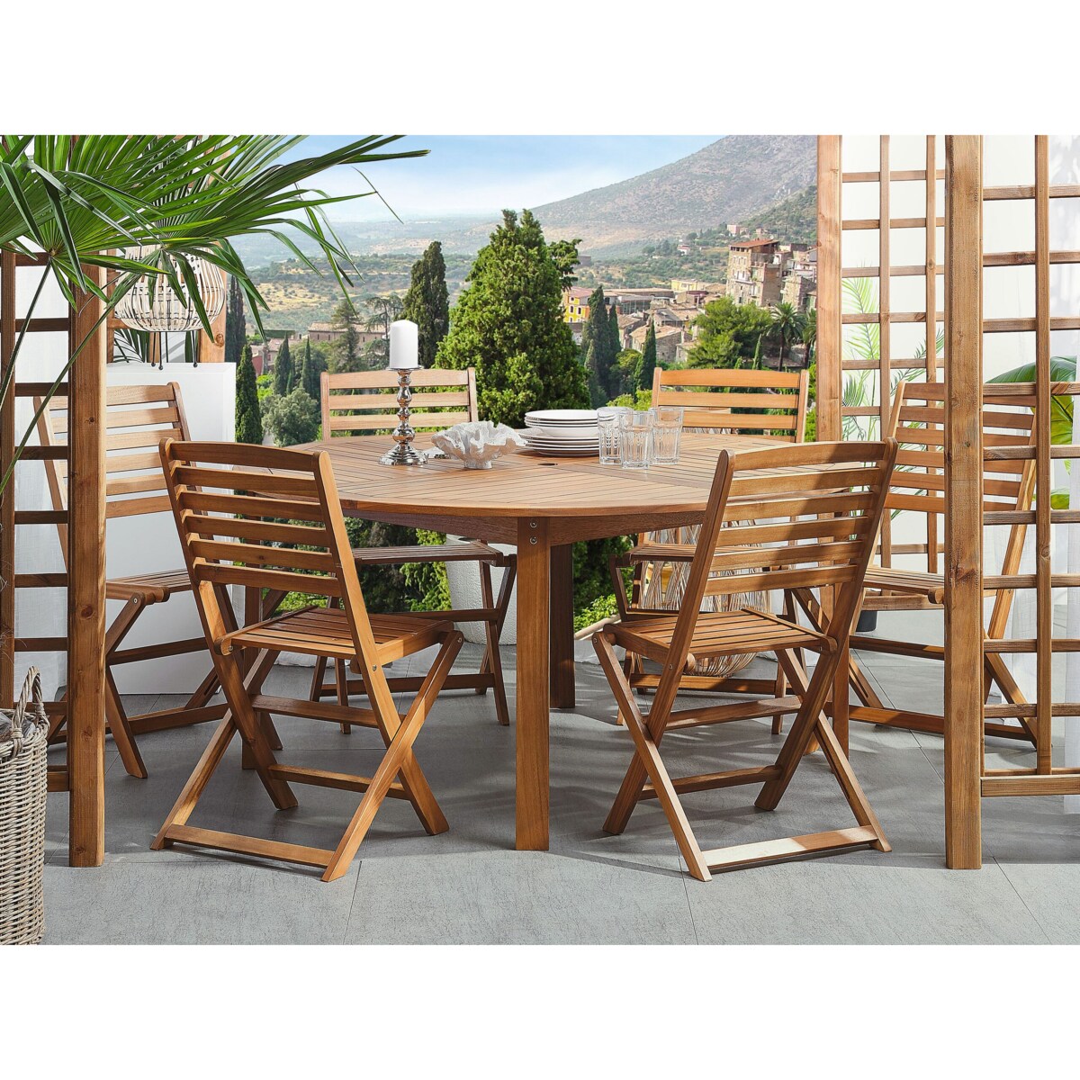 Zestaw ogrodowy dla 6 osób TOLVE Brązowy Drewno akacjowe z parasolem (12 opcji do wyboru)