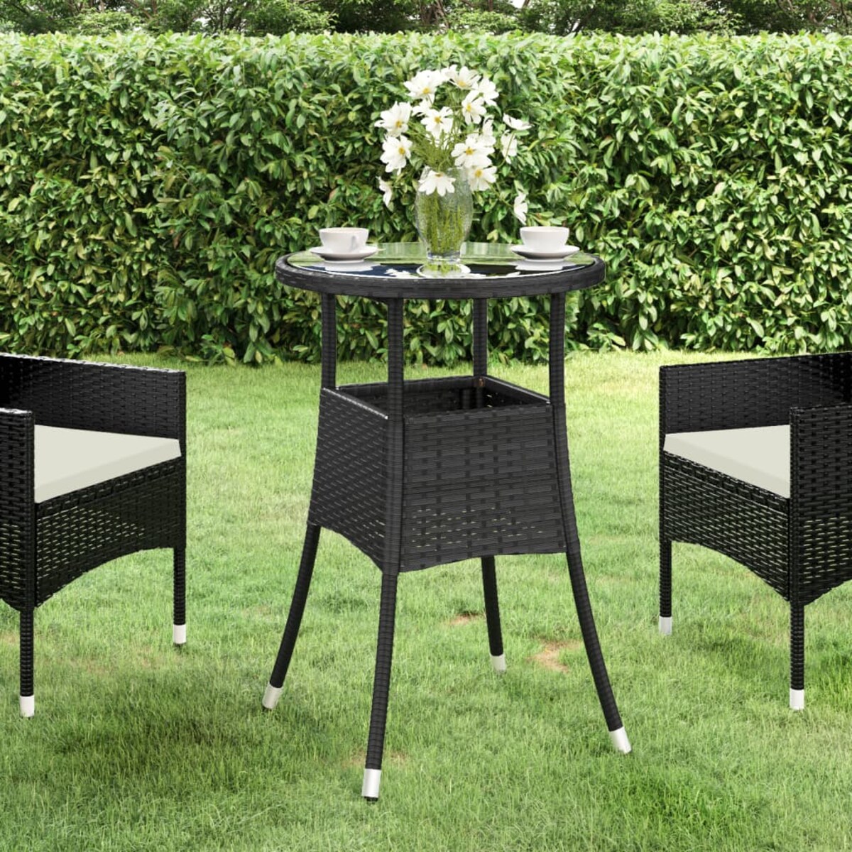 vidaXL Stolik ogrodowy, Ø60x75 cm, szkło hartowane i rattan PE, czarny