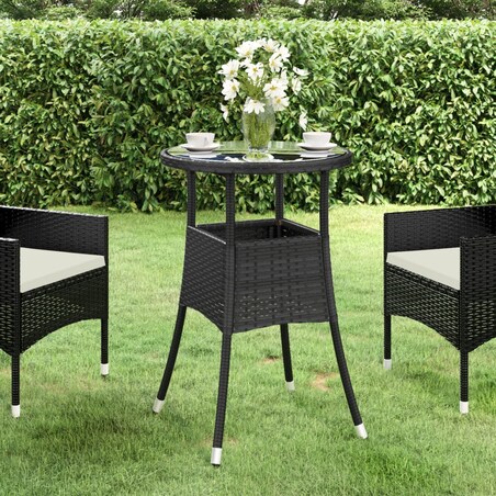 vidaXL Stolik ogrodowy, Ø60x75 cm, szkło hartowane i rattan PE, czarny