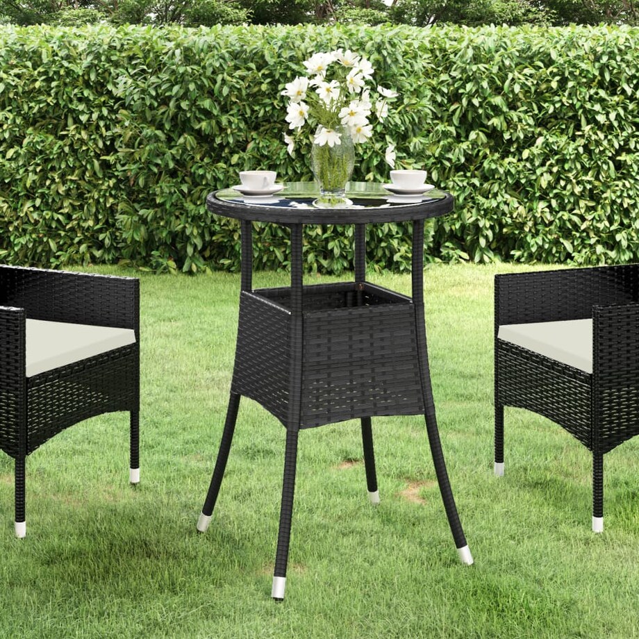 vidaXL Stolik ogrodowy, Ø60x75 cm, szkło hartowane i rattan PE, czarny