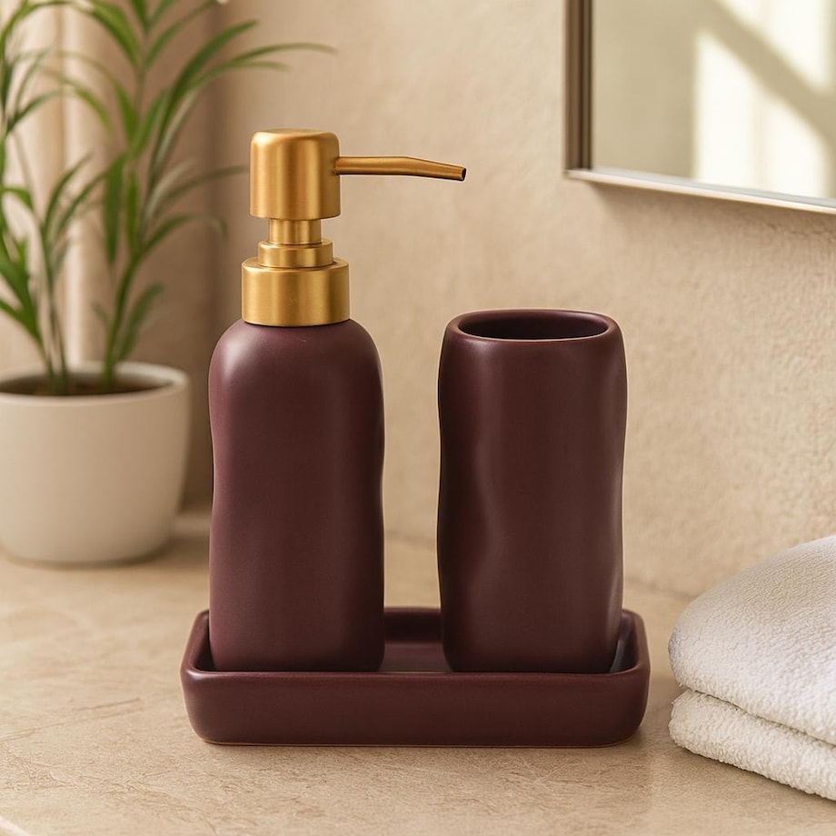 Komplet łazienkowy ze złotą pompką 400 ml 17x14x11 cm FLIKA bordowy