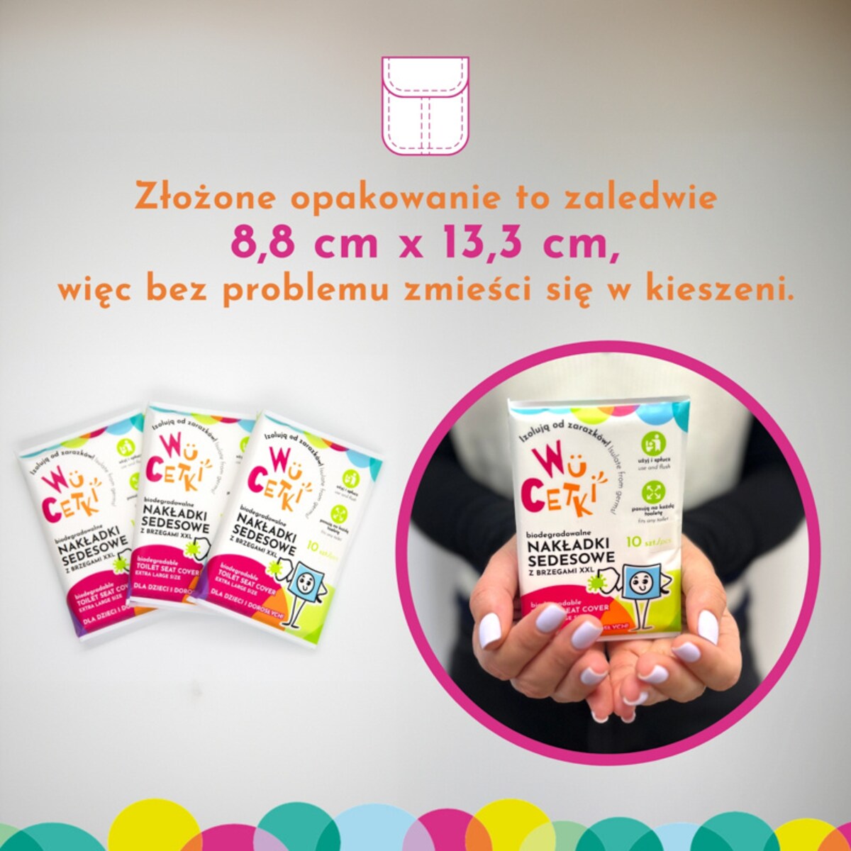 Jednorazowe papierowe nakładki na toaletę z wygodnymi brzegami XXL dla dzieci i dorosłych 10 szt., WuCetki