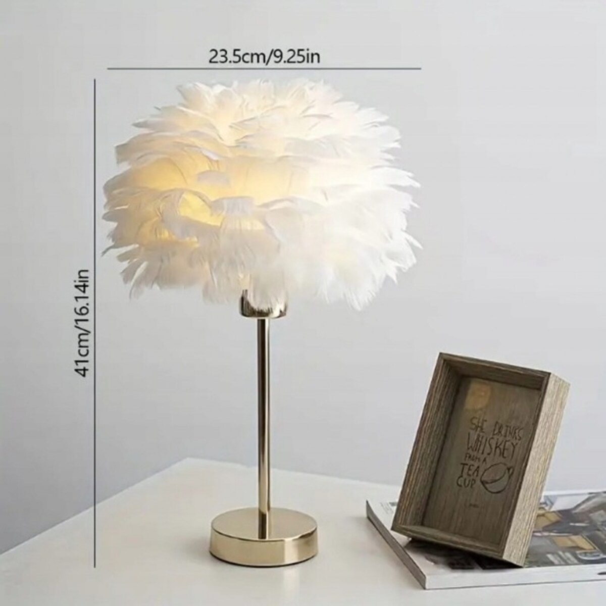 Elegancka lampa nocna stołowa z kloszem z białych piór ściemniacz 3 kolory świecenia USB OZD12