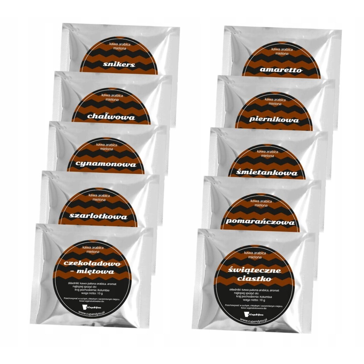 ŚWIATECZNY ZESTAW PREZENTOWY MIX 10 SMAKÓW KAW AROMATYZOWANYCH MIELONYCH W SASZETKACH PREZENT UPOMINEK POD CHOINKĘ NA ŚWIĘTA GWIAZDKĘ MIKOŁAJA BOŻE NARODZENIE DLA KOBIETY FACETA MĘŻCZYZNY