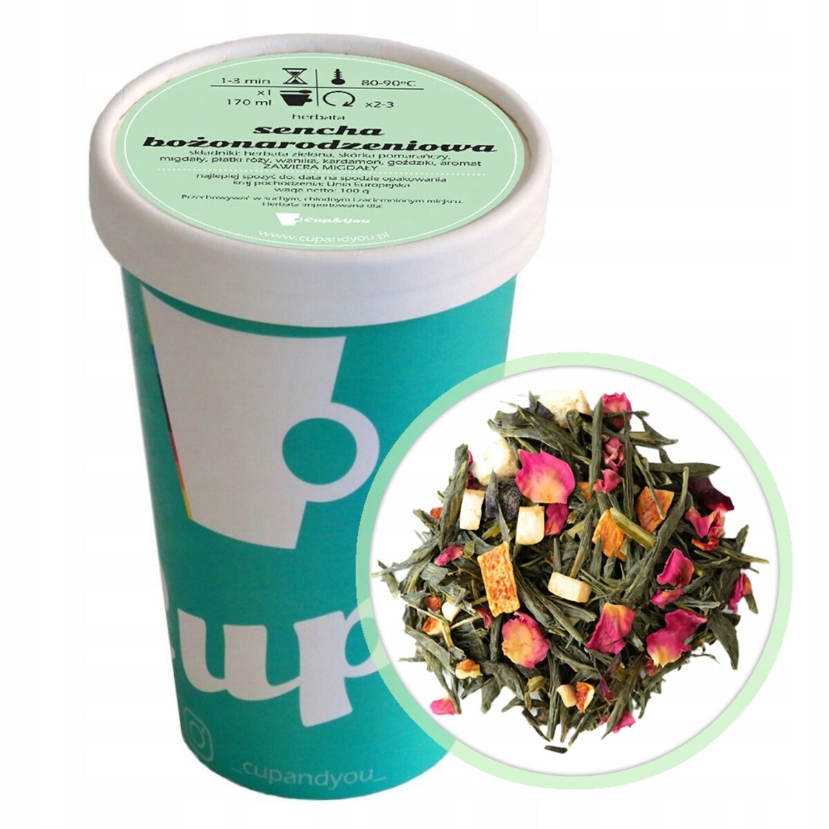 Herbata zielona SENCHA BOŻONARODZENIOWA goździki płatki róży migdały 100g - herbata liściasta sypana mieszanka napar susz