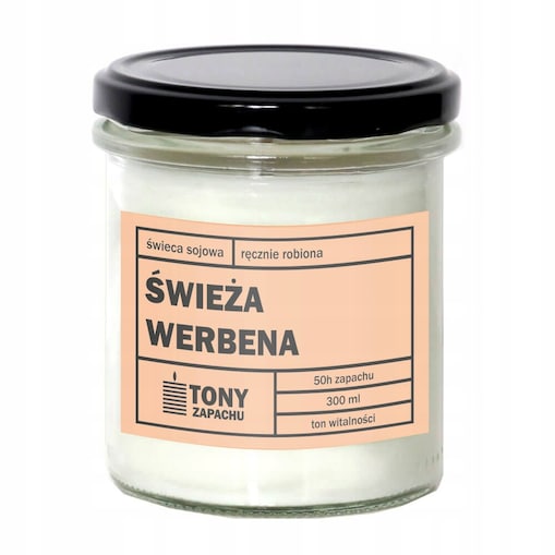 Świeca sojowa naturalna zapachowa ŚWIEŻA WERBENA- najlepsza aromatyczna bezpieczna ręcznie robiona w szklanym słoiczku 300ml 50h palenia na prezent upominek