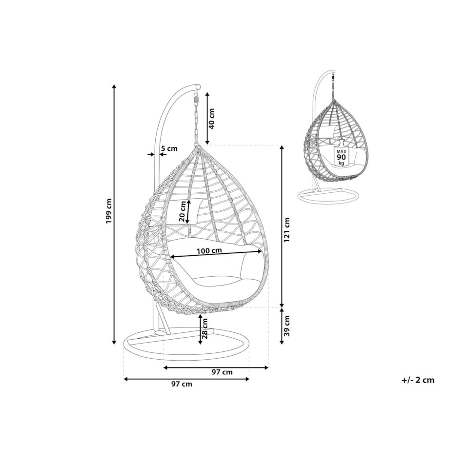 Fotel wiszący ze stojakiem z technorattanu szary ARSITA