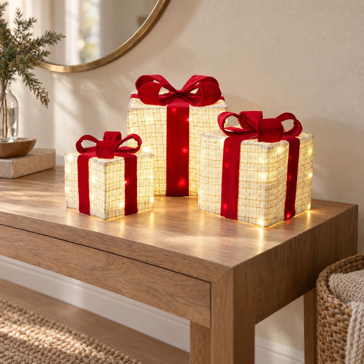 Zestaw 3 świecących pudełek prezentowych z tkaniny, 15, 20 i 25 cm, LED, na baterie, kolor biały
