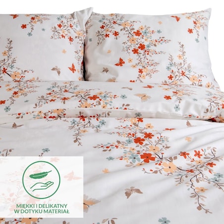 Pościel satyna bawełniana 200x220 Exclusive Ela biała w pomarańczowe kwiatki