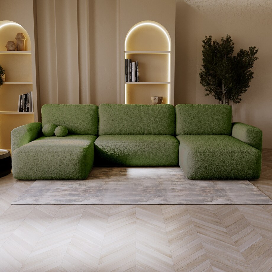 Narożnik U ILO z pojemnikiem na pościel i funkcja spania, zielony