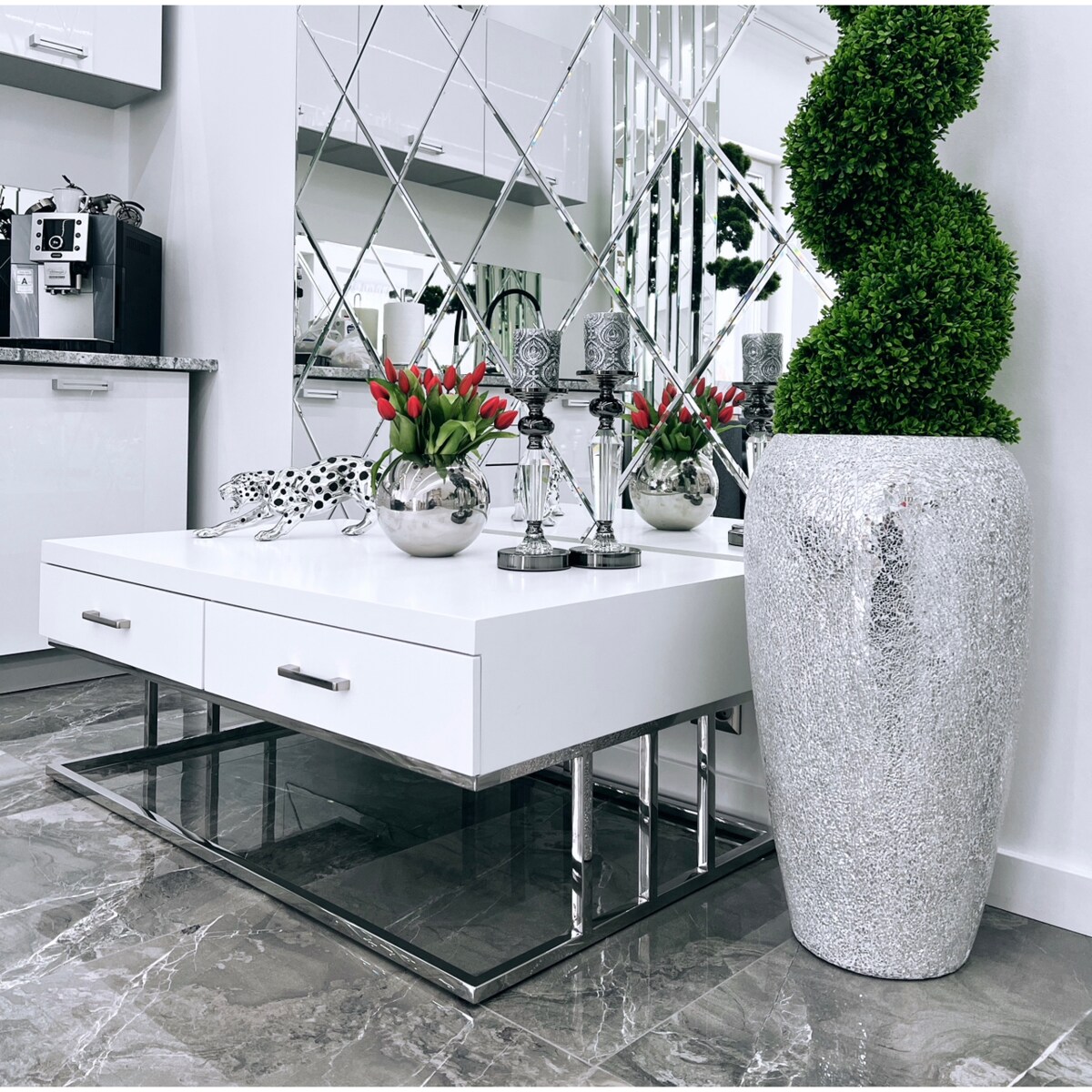 Biały srebrny stolik kawowy/ ława Biała Milano 120x70x45 / 2 pojemne szuflady