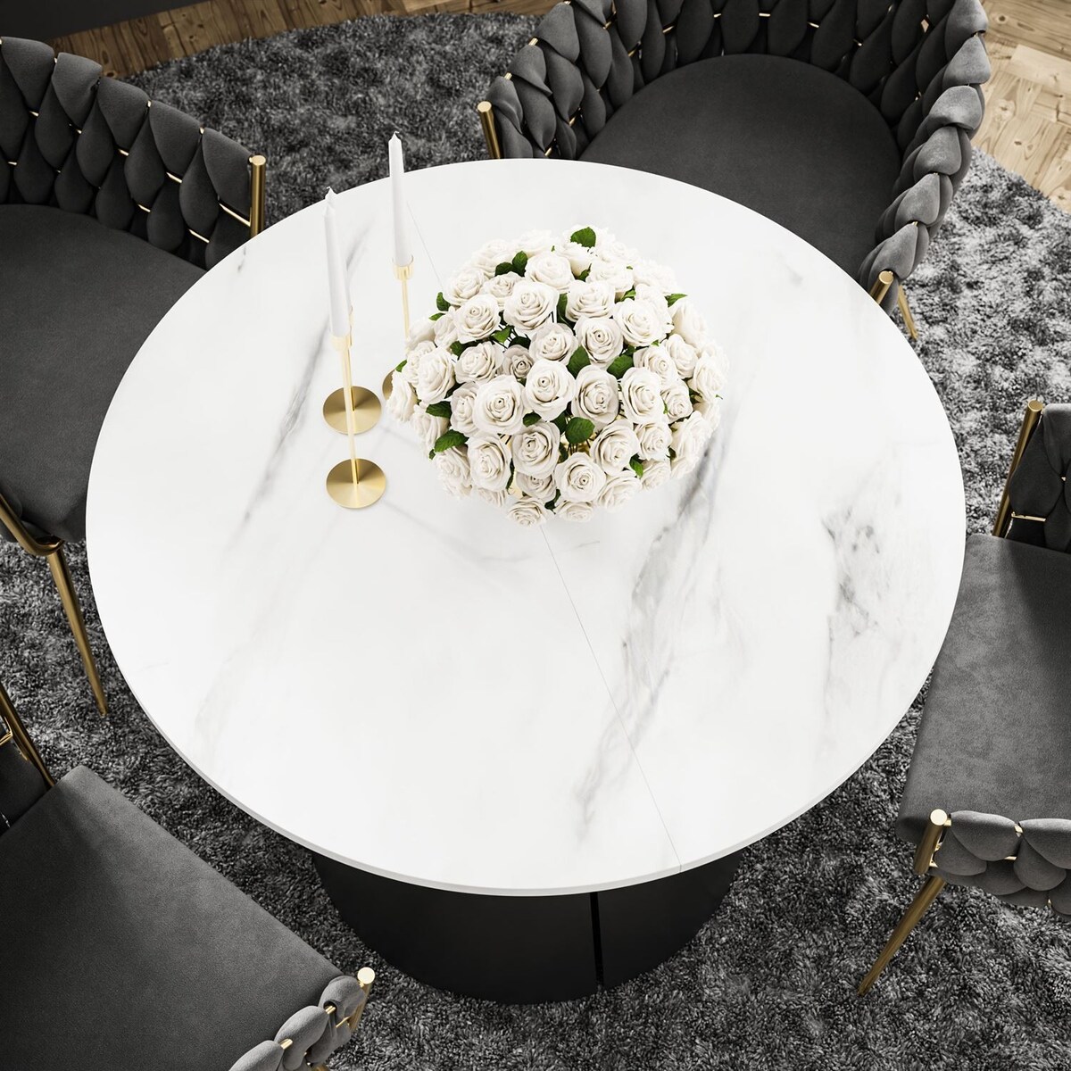 Okrągły stół rozkładany LAVA, średnica 100cm, czarny / Marmur Bianco