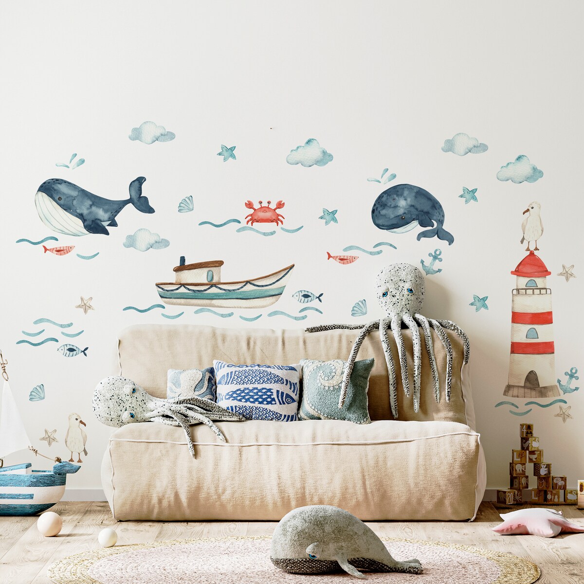 Naklejki Dla Dzieci Wieloryby MORZE Chmurki Ryby Mewy Muszelki ZESTAW 120x60cm