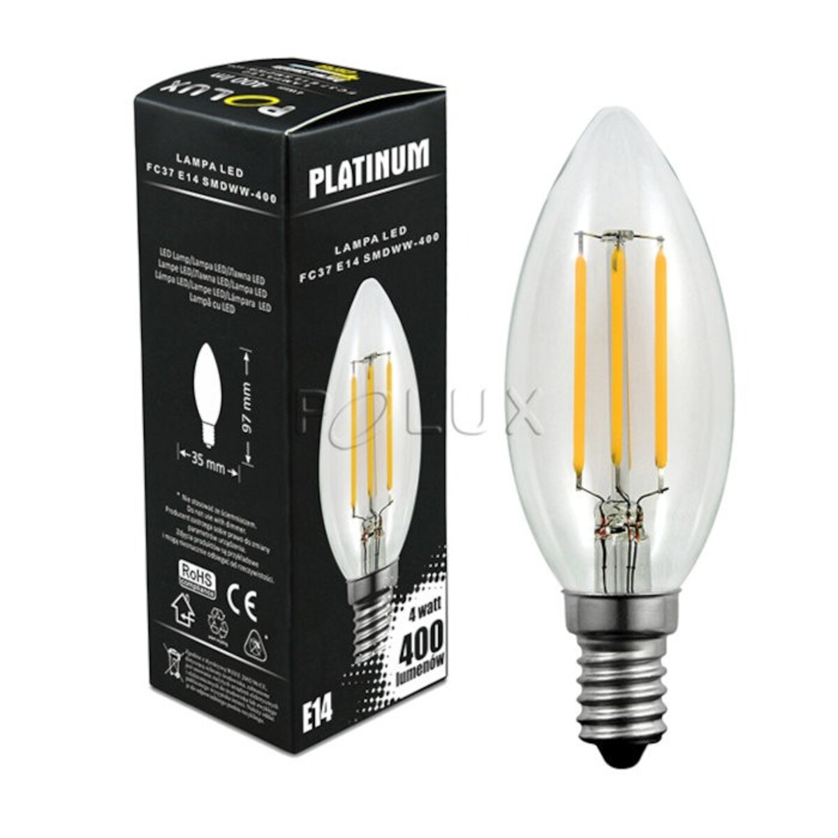 Industrialna żarówka świecznikowa 305107 Polux B35 LED 4W E14 płomykowa 400lm 230V biała ciepła