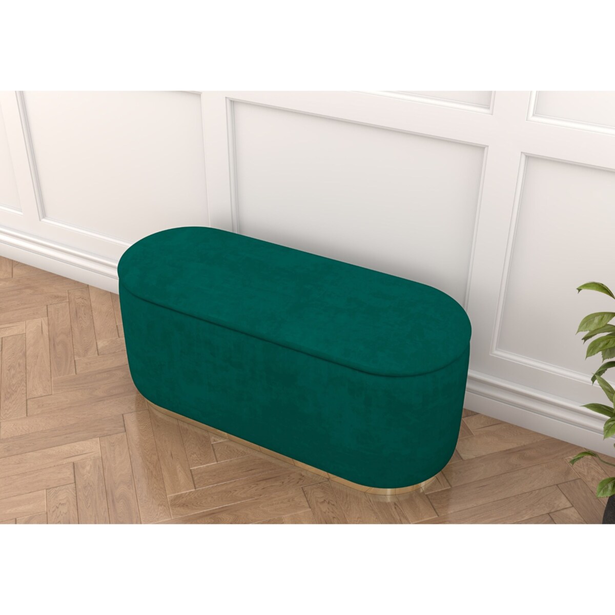 Tapicerowany owalny puf ze schowkiem Dancan SCARLETT na złotej podstawie / szer. 110 cm / zielony