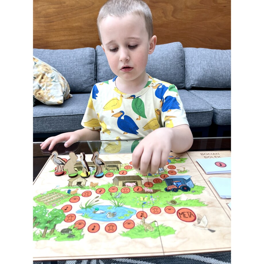 Rodzinna edukacyjna gra planszowa drewniana dla dzieci - Bocian Bolek
