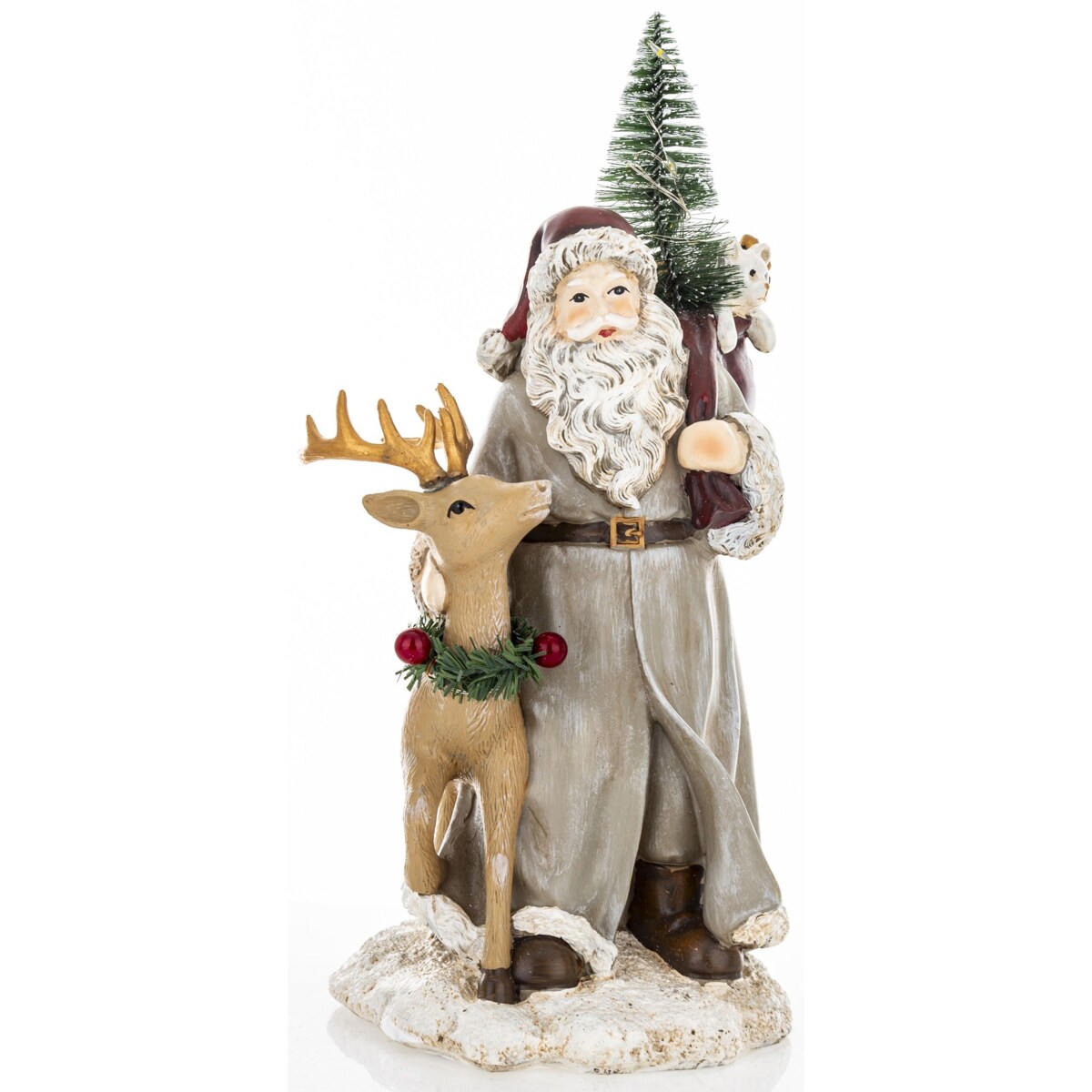 Figurka - Mikołaj LED z jelonkiem i workiem na plecach 29x14x14 cm