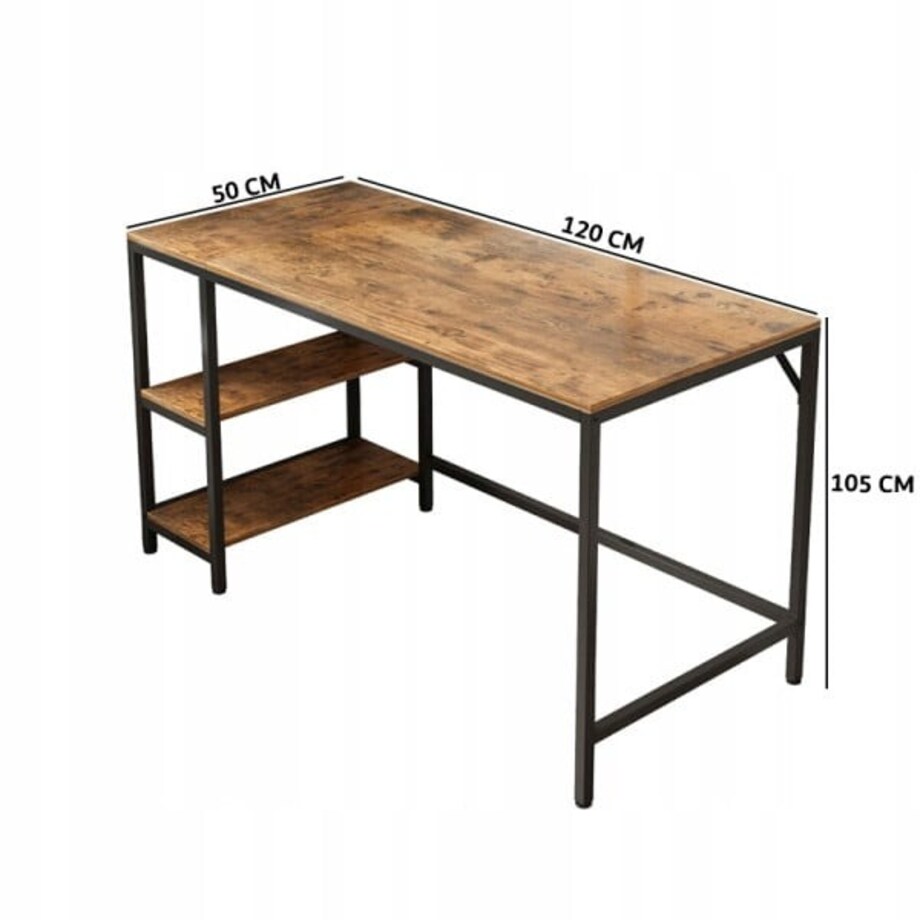 Biurko komputerowe stolik vintage rustykalny brąz loft z 2 półkami 120 cm